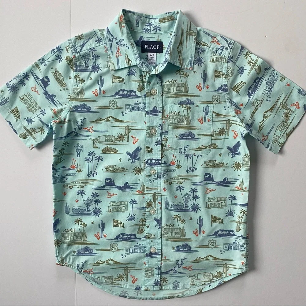 Children’s Place Hawaiian Shirt Size 7 8 Button Down Green Southwest Rt 66 EUC